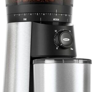 Electric coffee grinder with hopper and controls