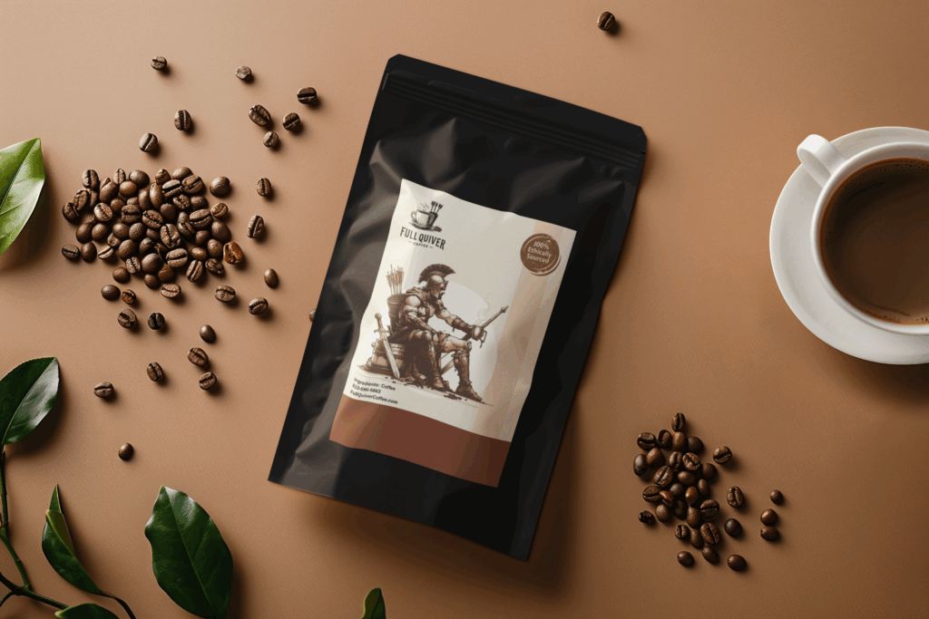 Coffee beans, bag, and cup on brown background.