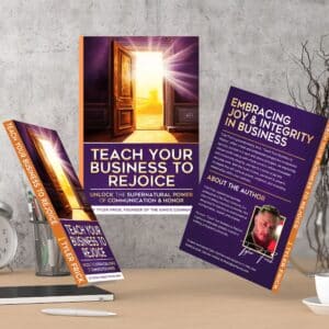 Books on business growth and leadership on a desk.