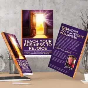 Books on business growth and leadership on a desk.