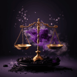 Scales of justice with smoke and coals