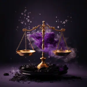 Scales of justice with smoke and coals
